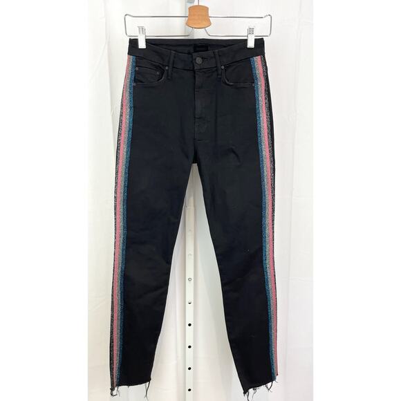 MOTHER  Size 26 High Waisted Looker Ankle Fray Jeans Guilty Glitter Racer Black - Picture 1 of 11